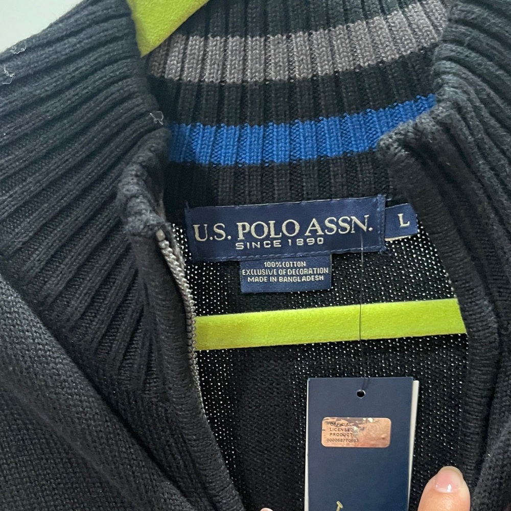 U.S. Polo Assn. Men's Black Sweater with Blue and Gray Stripes - Picture 2 of 5